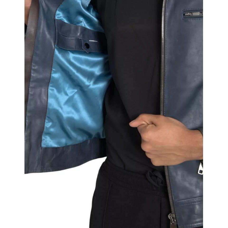 Dolce & Gabbana Blue Leather Full Zip Biker Blouson Jacket Dolce & Gabbana