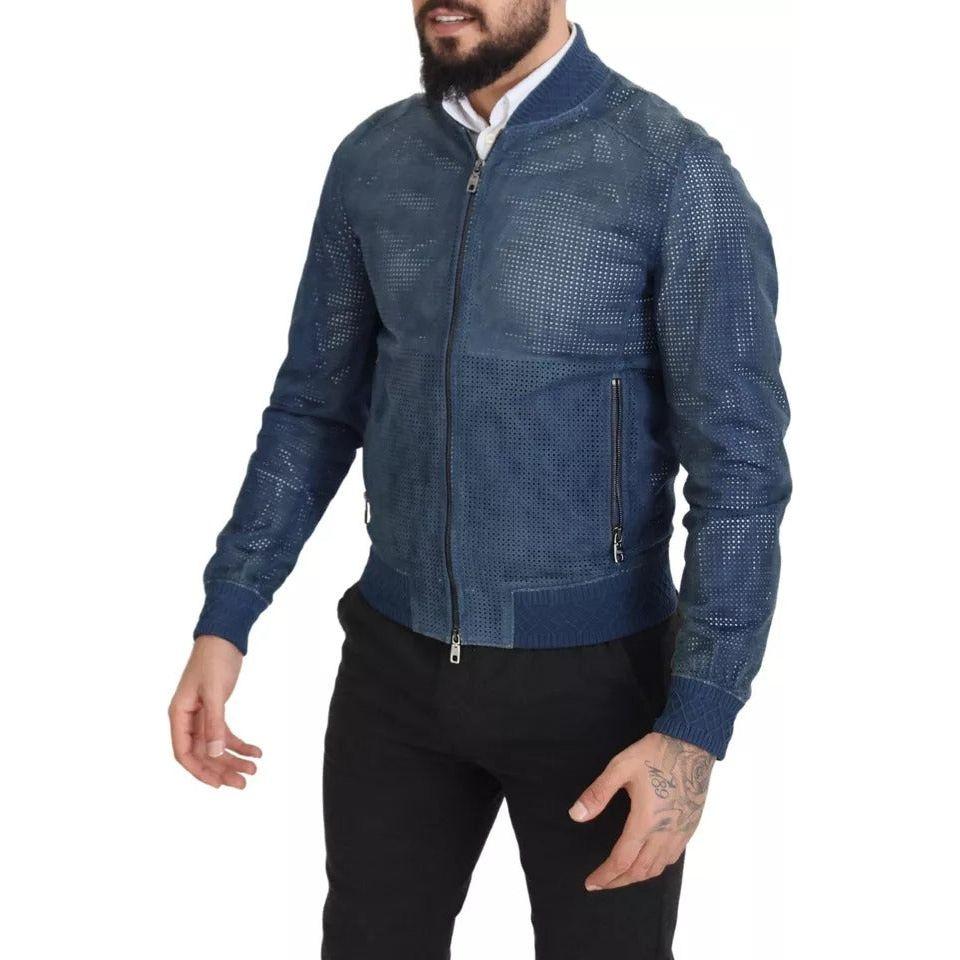 Dolce & Gabbana Blue Leather Perforated Full Zip Jacket Dolce & Gabbana