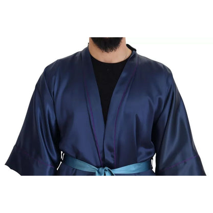 Dolce & Gabbana Blue Satin Silk Waist Belt Robe Jacket