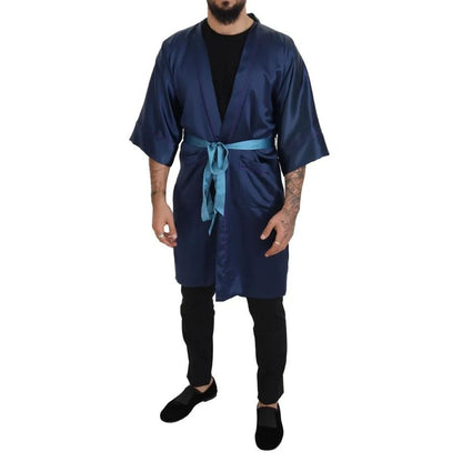 Dolce & Gabbana Blue Satin Silk Waist Belt Robe Jacket