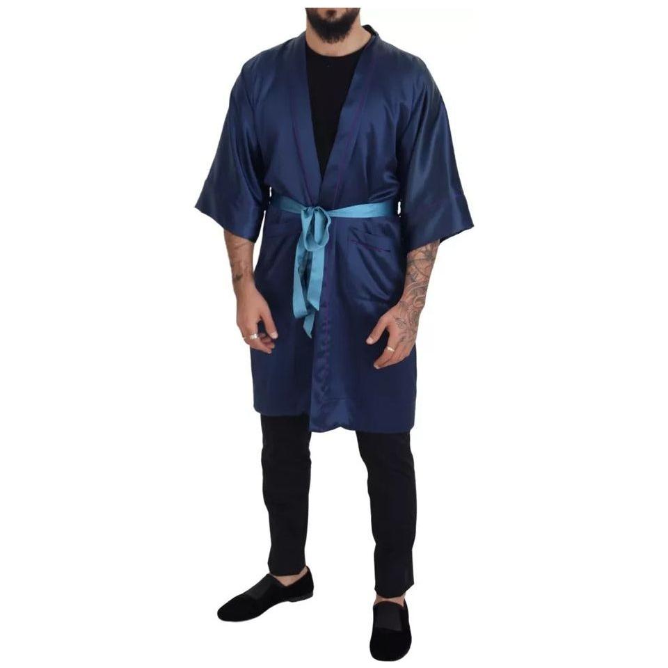 Dolce & Gabbana Blue Satin Silk Waist Belt Robe Jacket Dolce & Gabbana