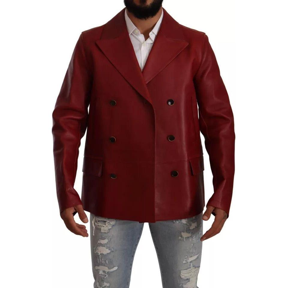 Dolce & Gabbana Red Double Breasted Leather Coat Jacket Dolce & Gabbana