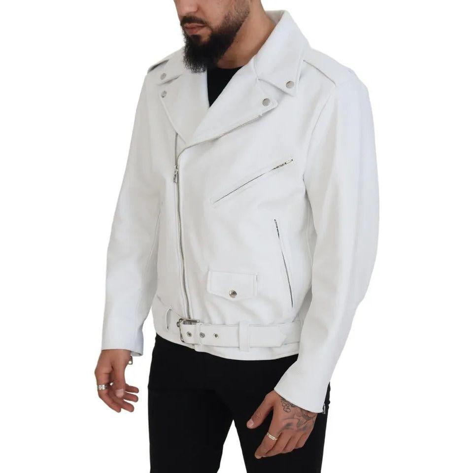 Dolce & Gabbana White Leather Biker Coat Zipper Jacket Dolce & Gabbana