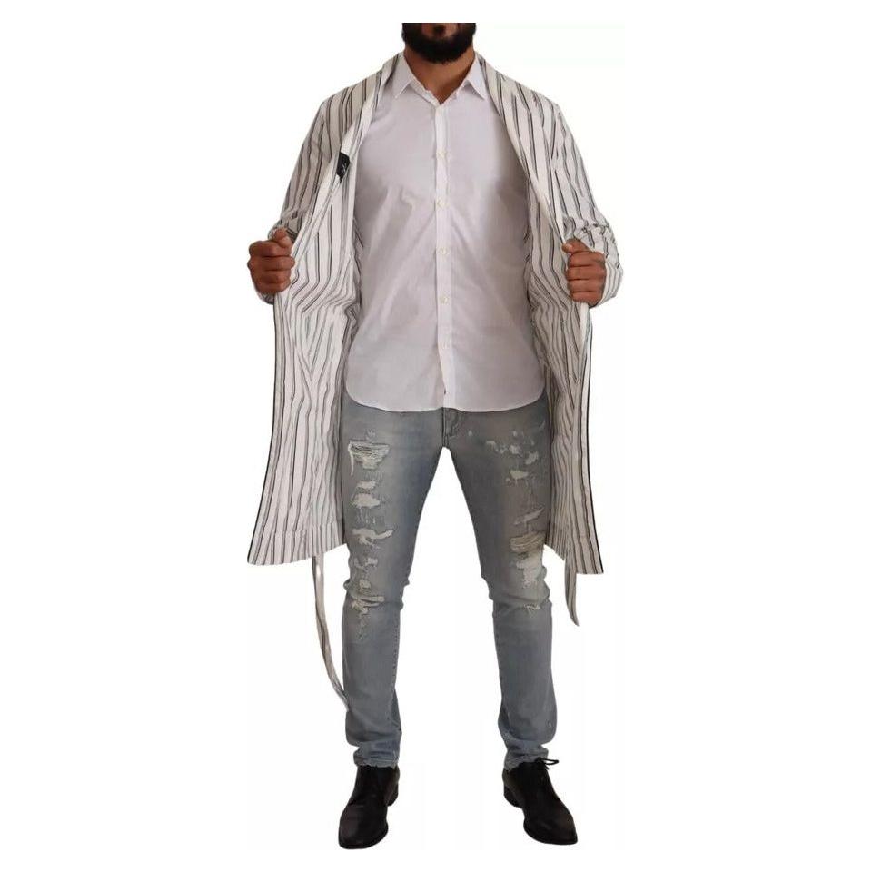 Dolce & Gabbana White Striped Cotton Robe Coat Wrap Jacket Dolce & Gabbana