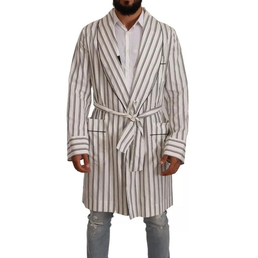 Dolce & Gabbana White Striped Cotton Robe Coat Wrap Jacket