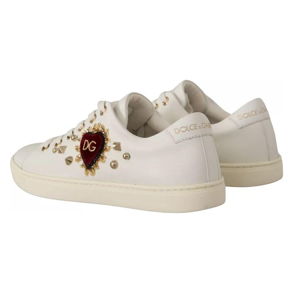 Dolce & Gabbana White Leather Gold Red Heart Sneakers Shoes Dolce & Gabbana