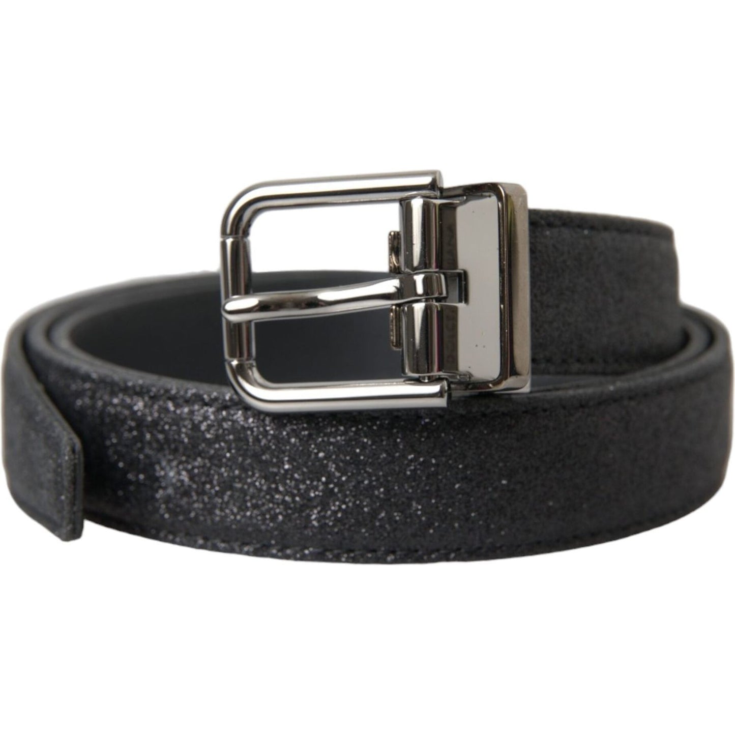Dolce & Gabbana Black Glittered Leather Silver Buckle Belt