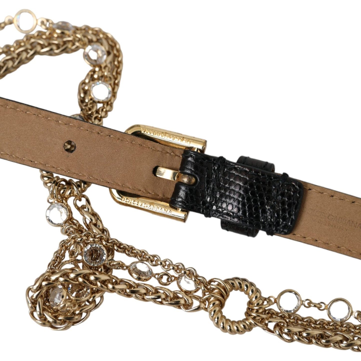 Dolce & Gabbana Black Leather Gold Chain Crystal Waist Women Belt Dolce & Gabbana