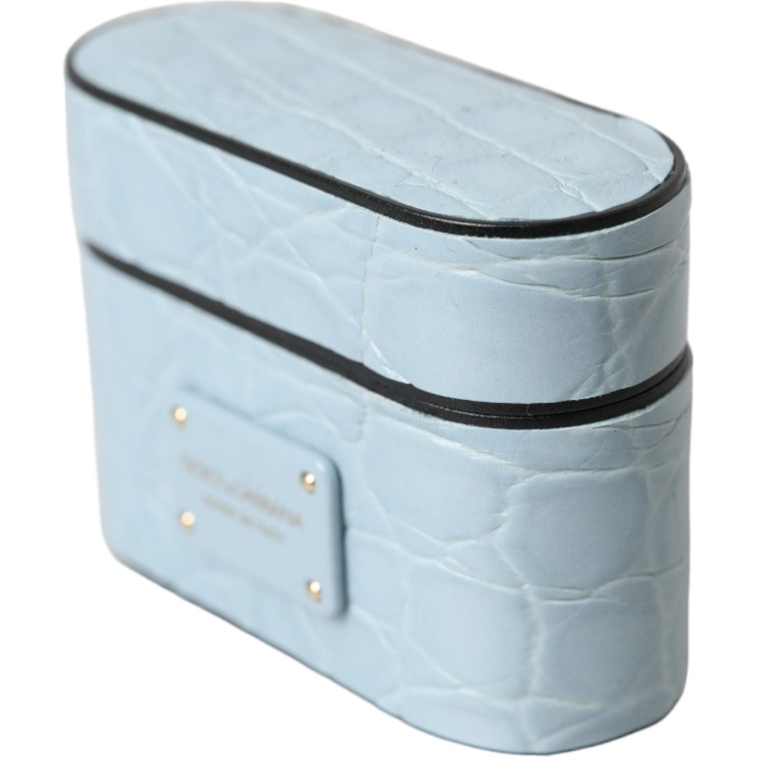 حافظة سماعات Airpods من Dolce &amp; Gabbana مصنوعة من الجلد باللون الأزرق الفاتح ومزينة بشعار معدني