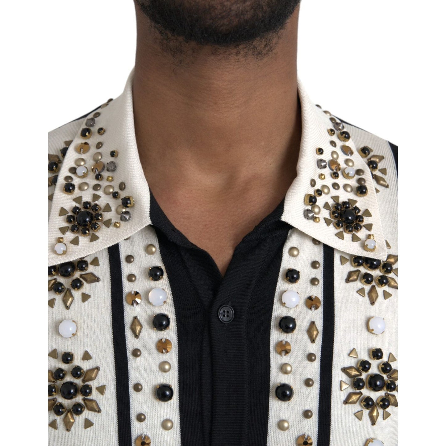 Dolce & Gabbana White Black Silk Studded Stone Crystal Shirt Dolce & Gabbana