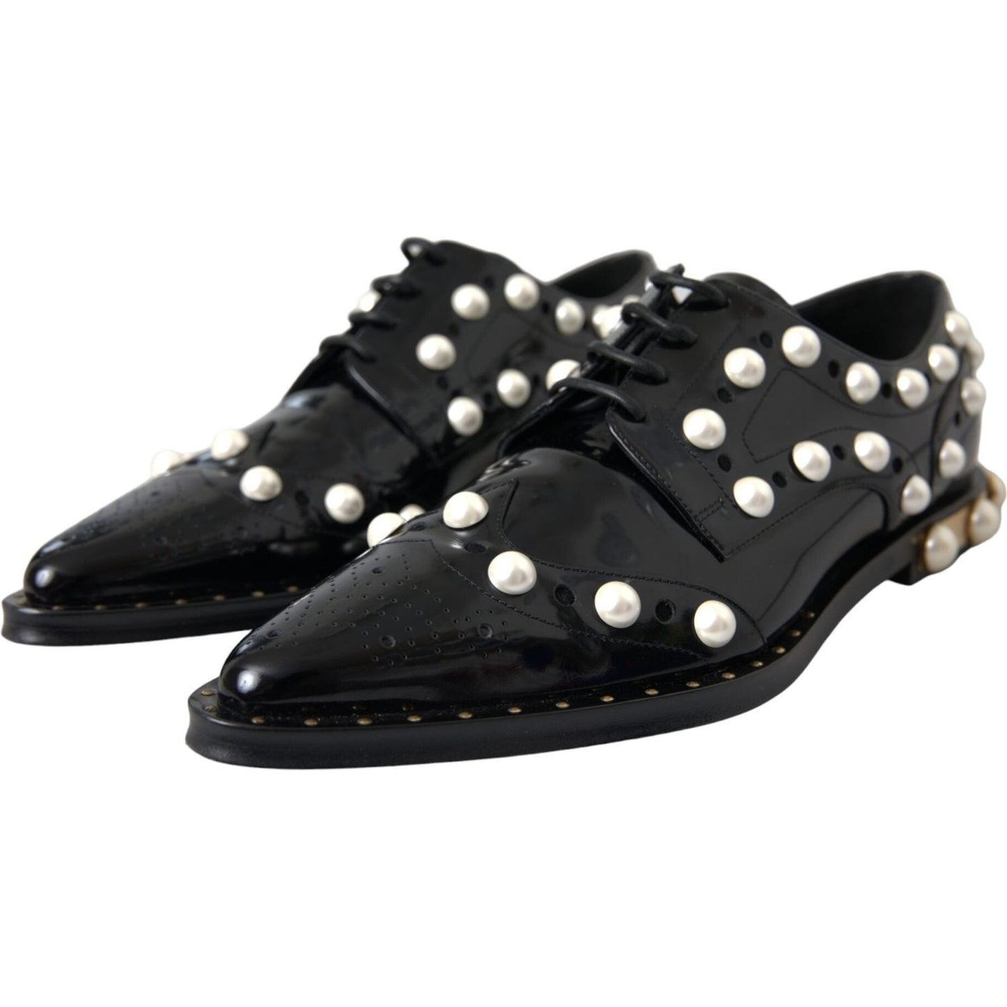 Dolce & Gabbana Black Leather Faux Pearl Dress Broque Shoes Dolce & Gabbana