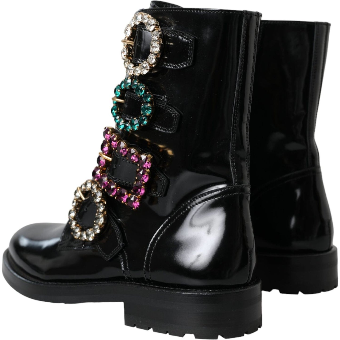 Dolce & Gabbana Black Leather Crystal Buckles Boots Shoes Dolce & Gabbana