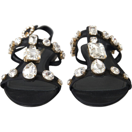 Dolce & Gabbana Black Leather Crystal Flats Sandals Shoes Dolce & Gabbana