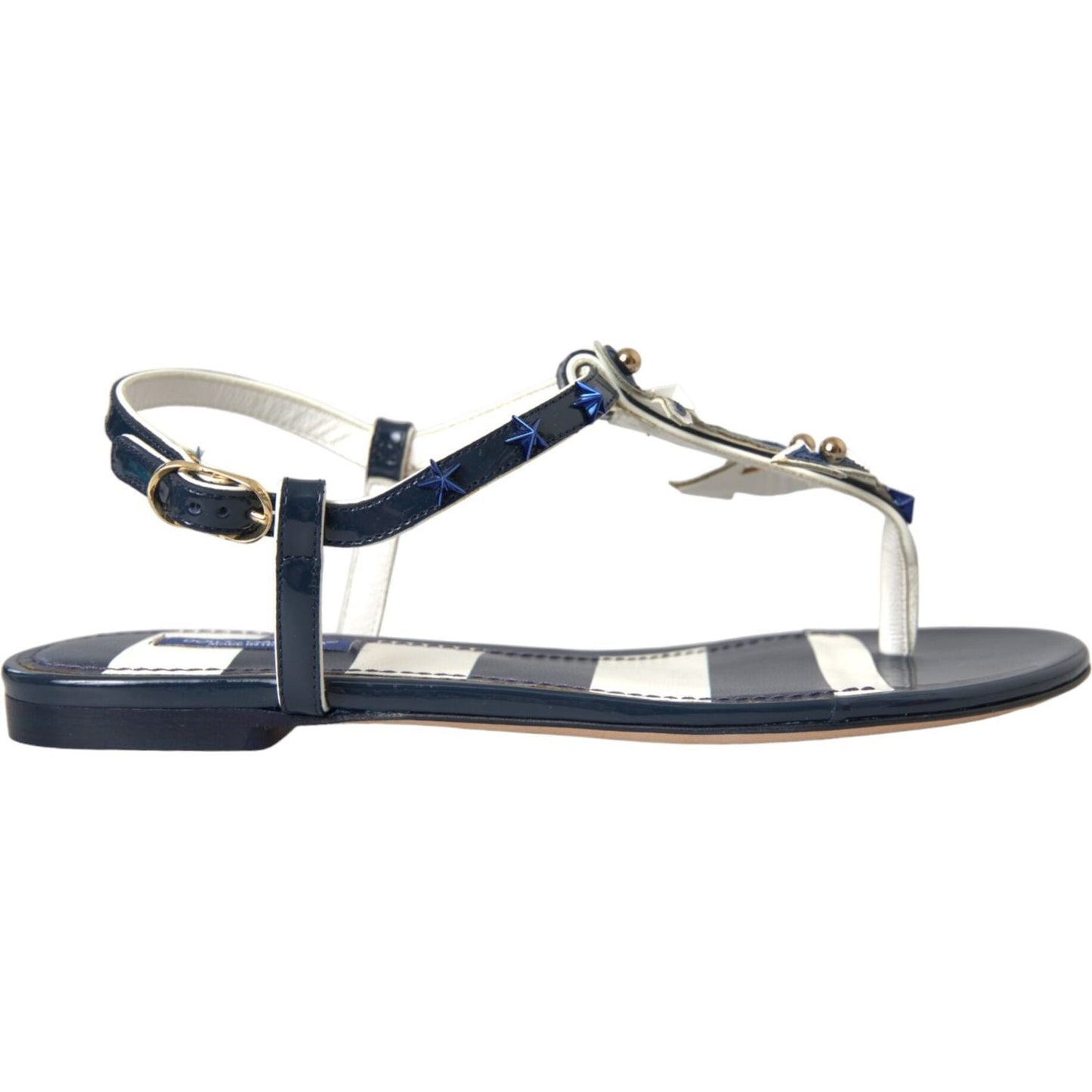 Dolce & Gabbana Blue Stripes Leather Studded Flats Sandals Shoes Dolce & Gabbana