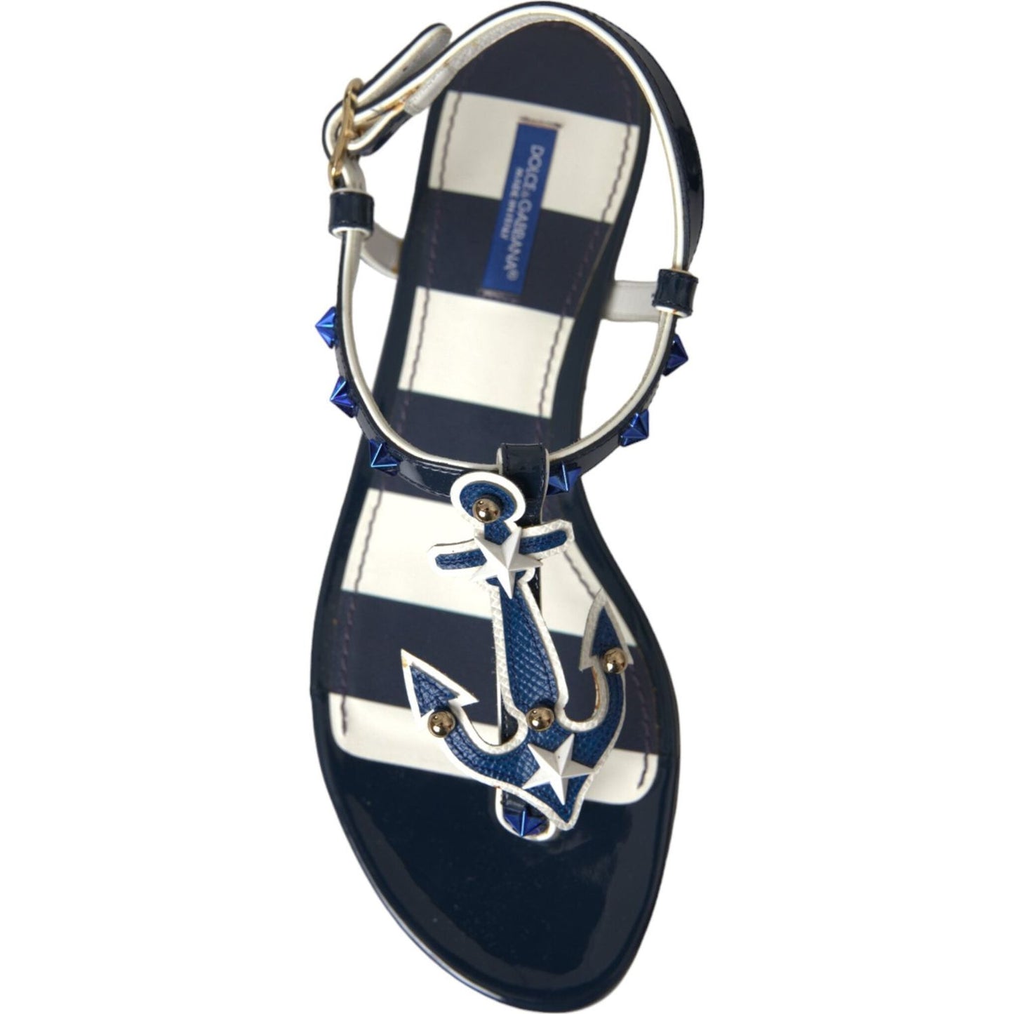 Dolce & Gabbana Blue Stripes Leather Studded Flats Sandals Shoes Dolce & Gabbana