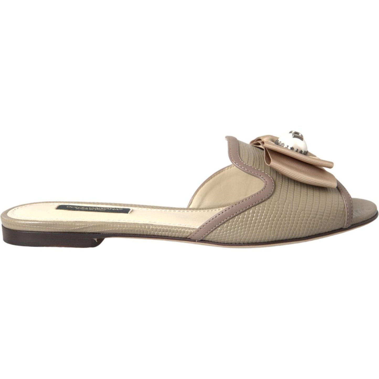 Dolce & Gabbana Beige Logo Pearl Flats Sandals Slides Shoes Dolce & Gabbana