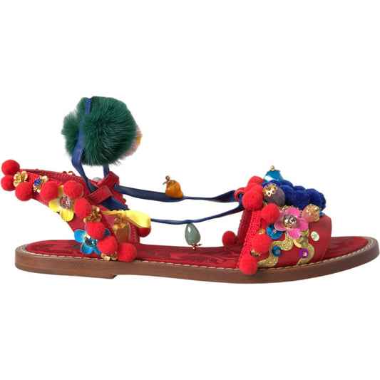 Dolce & Gabbana Multicolor Pom Pom Fur Wrap Sandals Shoes Dolce & Gabbana