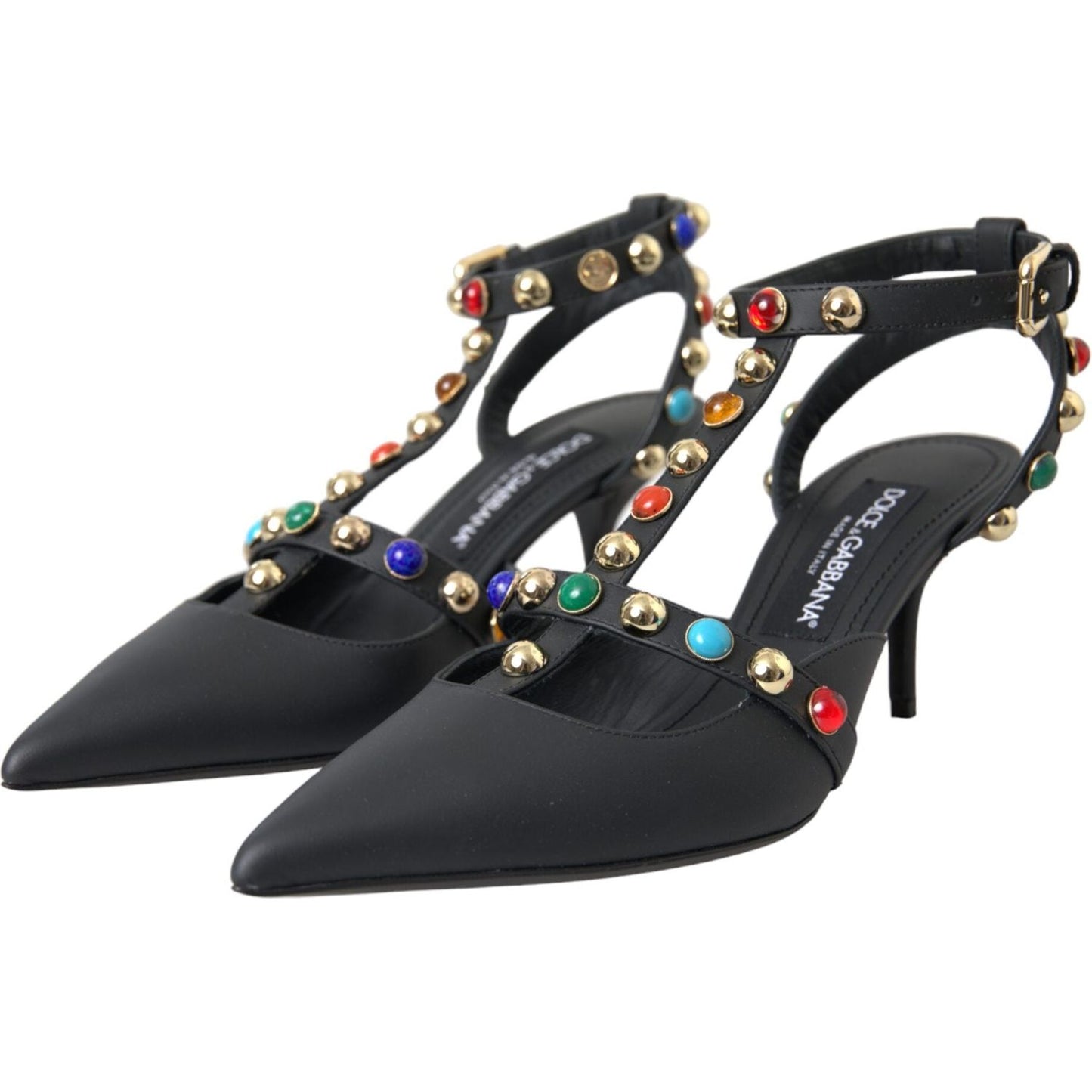 Dolce & Gabbana Black Leather Embellished Heels Sandal Shoes Dolce & Gabbana