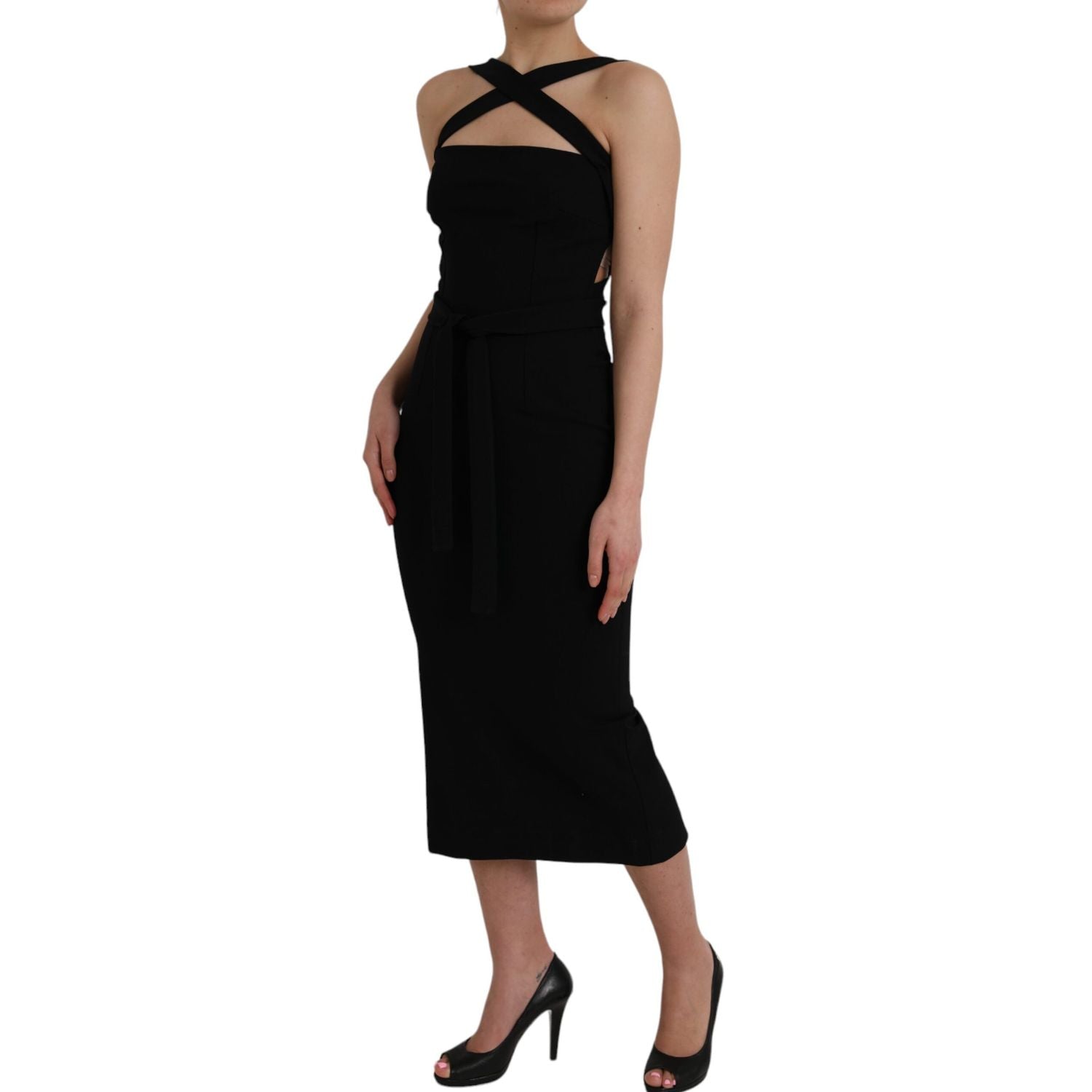 Dolce & Gabbana Black Sheath Halter Sleeveless Midi Dress