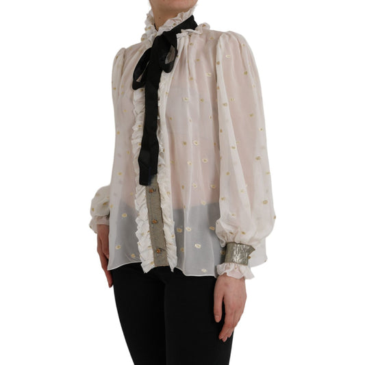 Dolce & Gabbana Off White Silk Blend Ascot Collar Blouse Top Dolce & Gabbana