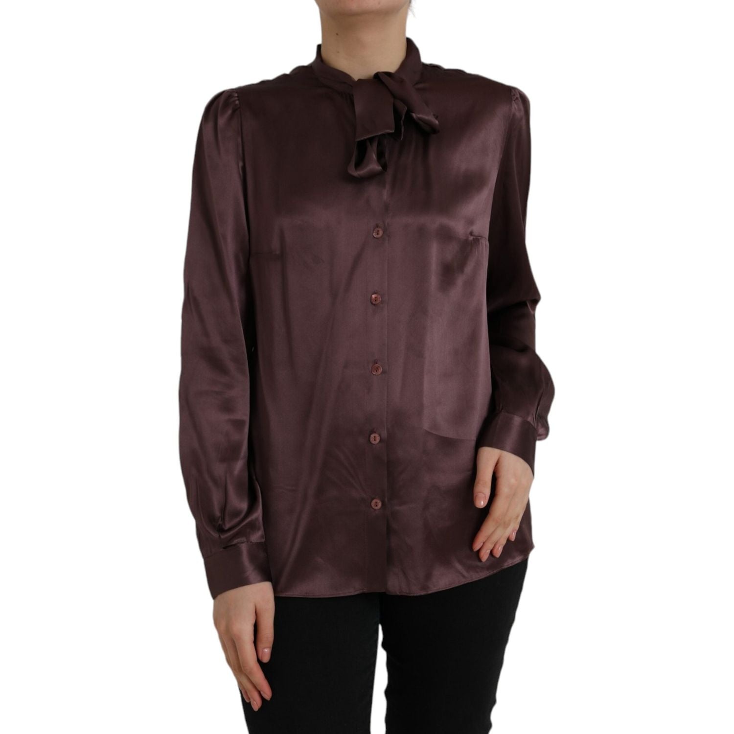 Dolce & Gabbana Brown Ascot Collar Long Sleeve Top Blouse