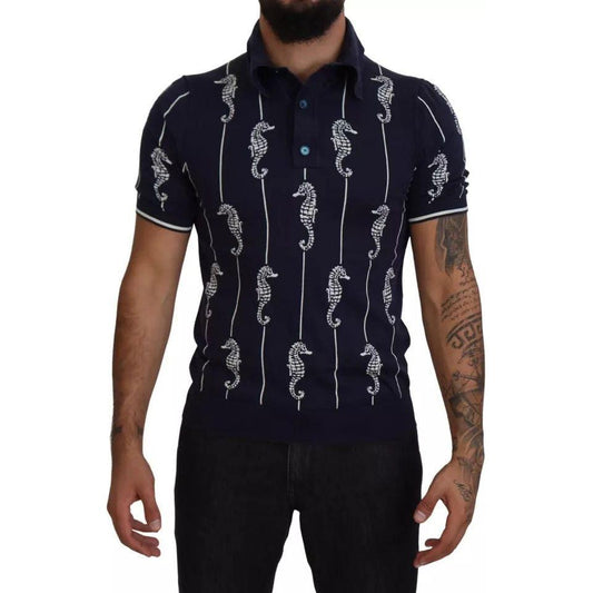 Dolce & Gabbana Dark Blue Sea Horse Collared Polo T-shirt 1728,67345645728,Blue,Clothing,Dolce & Gabbana,IT50 | L,Material: 100% Silk,Men,Men - Clothing,Polo Shirts - T-Shirts - Clothing,Preowned / Defect,T-Shirts - Clothing,T-Shirts - Men - Clothing