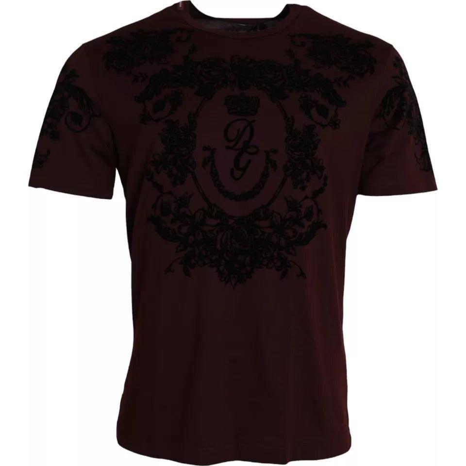 Dolce & Gabbana Maroon DG Crown Floral Crewneck Men T-shirt Dolce & Gabbana