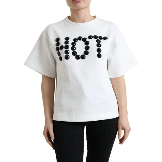 Dolce & Gabbana White Cotton Stretch Black HOT Crystal T-shirt 1728,67345645728,Clothing,Dolce & Gabbana,Material: 71% Cotton 29% Polyester (stretch),Preowned / Defect,S,T-Shirts - Clothing,T-Shirts - T-Shirts - Clothing,Tops & T-Shirts - Women - Clothing