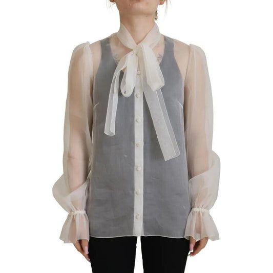 Dolce & Gabbana White Ascot Collar Long Sleeves Blouse Top 1728,67345645728,Clothing,Dolce & Gabbana,IT40|S,Long Sleeve - T-Shirts - Clothing,Material: 86% Viscose 6% Cotton 4% Elastane 4% Silk,Preowned / Defect,T-Shirts - Clothing,Tops & T-Shirts - Women