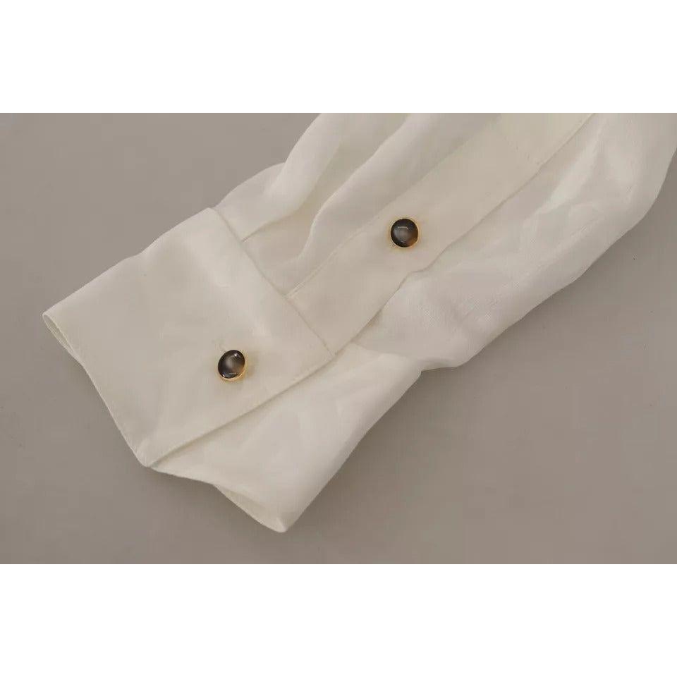 Dolce & Gabbana White Patterned Silk Ascot Collar Blouse Top Dolce & Gabbana