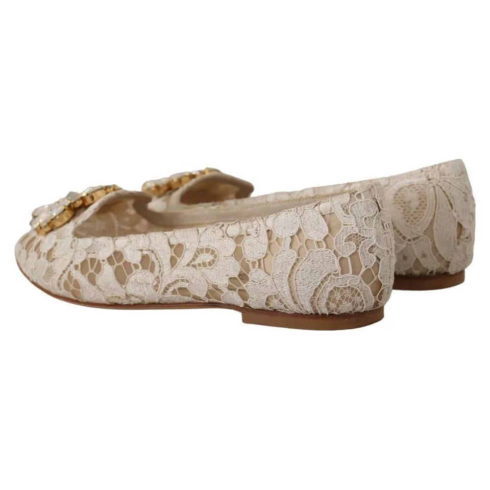 Dolce & Gabbana Beige Lace Crystal Ballet Flats Loafers Shoes Dolce & Gabbana