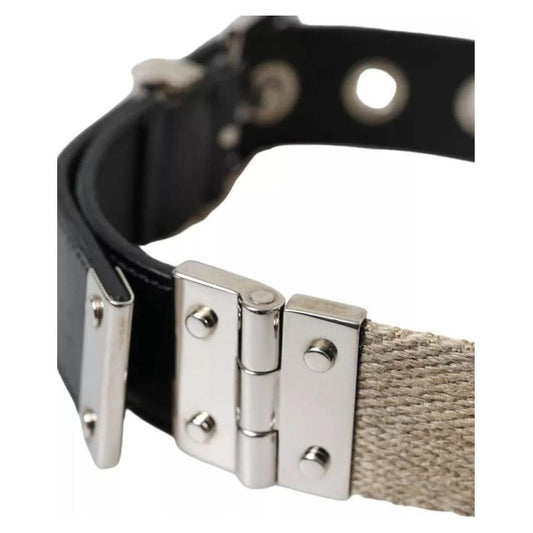 Dolce & Gabbana Black Leather Beige Strap Silver Metal Buckle Belt Dolce & Gabbana