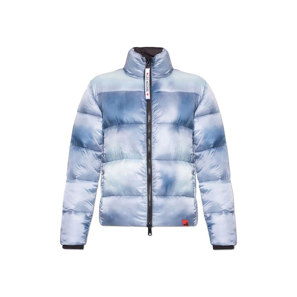 Love Moschino Chic Light Blue Down Jacket with Logo Patch Love Moschino