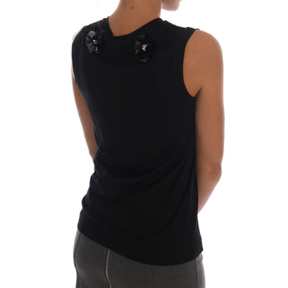 Dolce & Gabbana Black Cotton Floral Crystal Tank Top