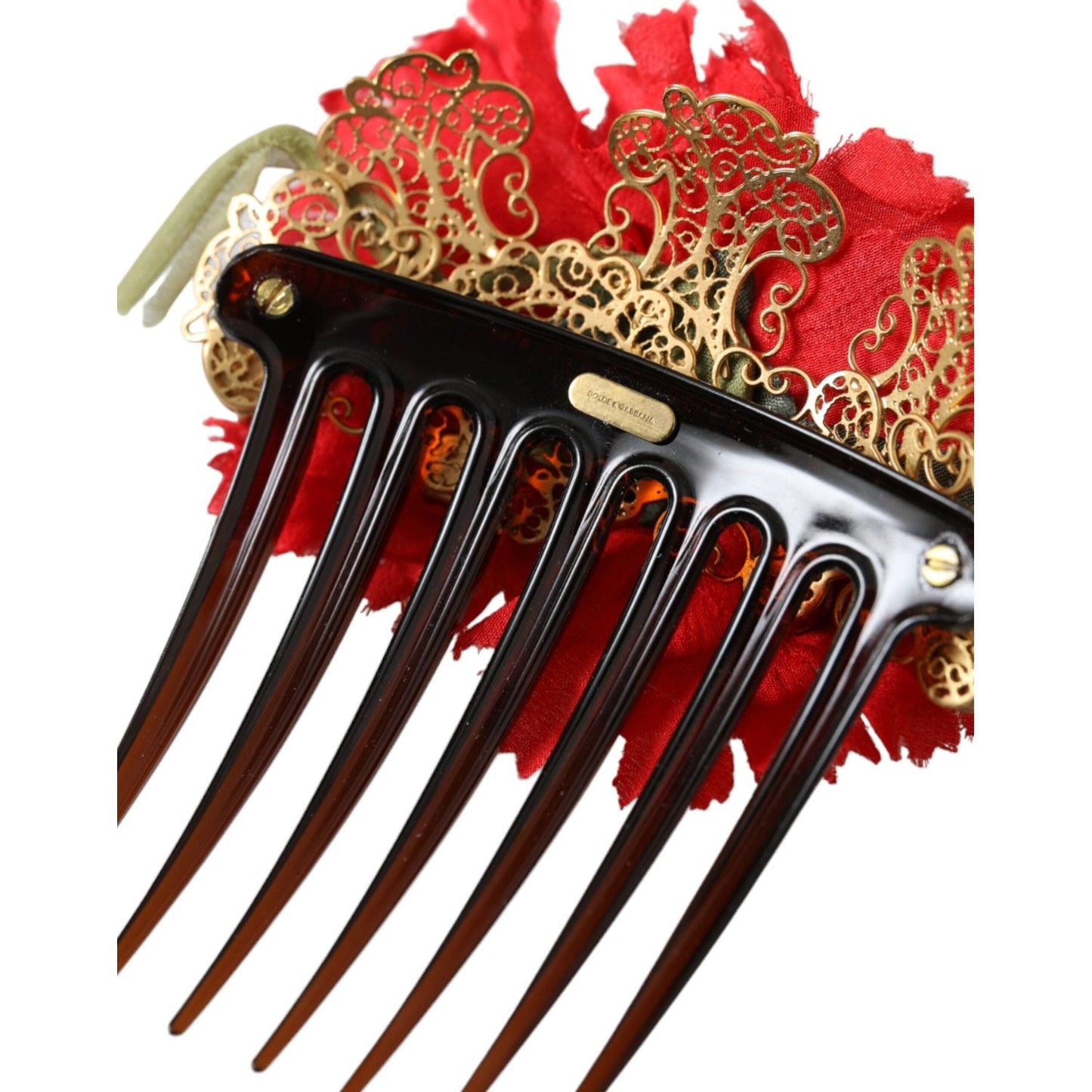 Dolce & Gabbana Red Silk Floral Gold Brass Women Hair Comb Dolce & Gabbana