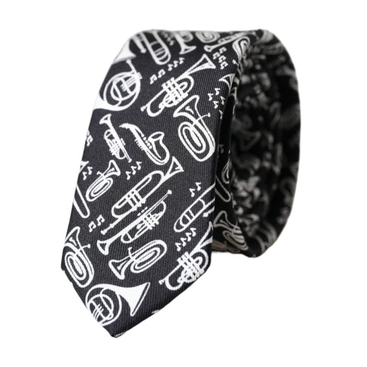 Dolce & Gabbana Black Trumpet Print Silk Adjustable Tie