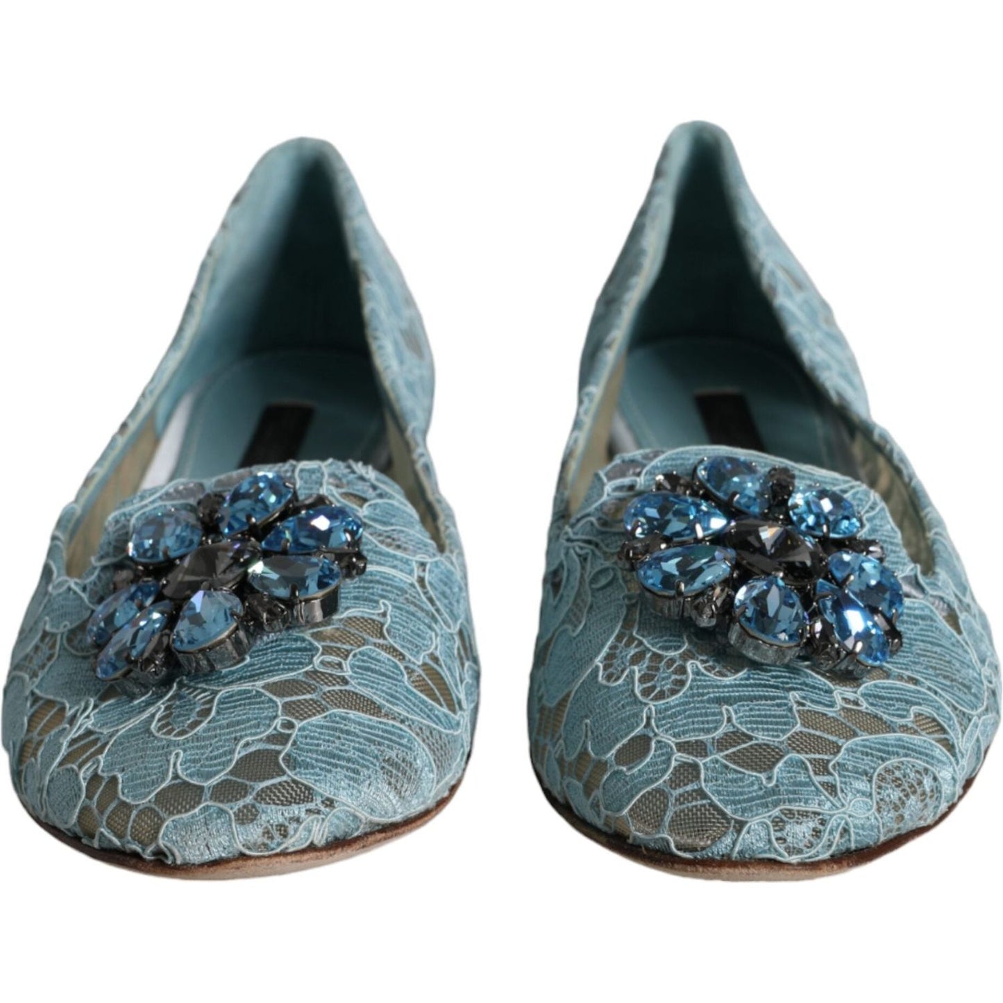 Dolce & Gabbana Blue Lace Crystal Ballet Flats Loafers Shoes