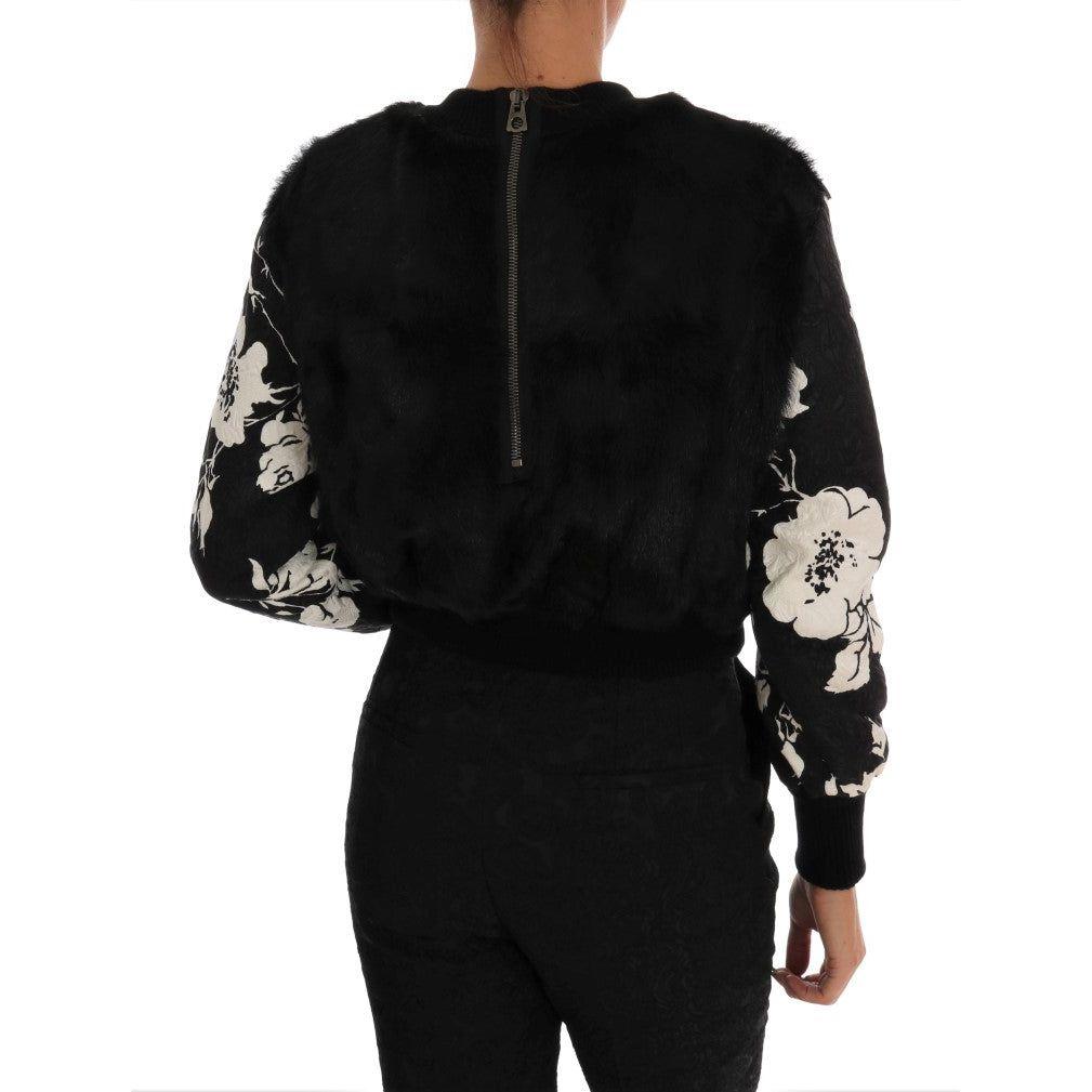 Dolce & Gabbana Floral Brocade Black Fur Sweater Dolce & Gabbana