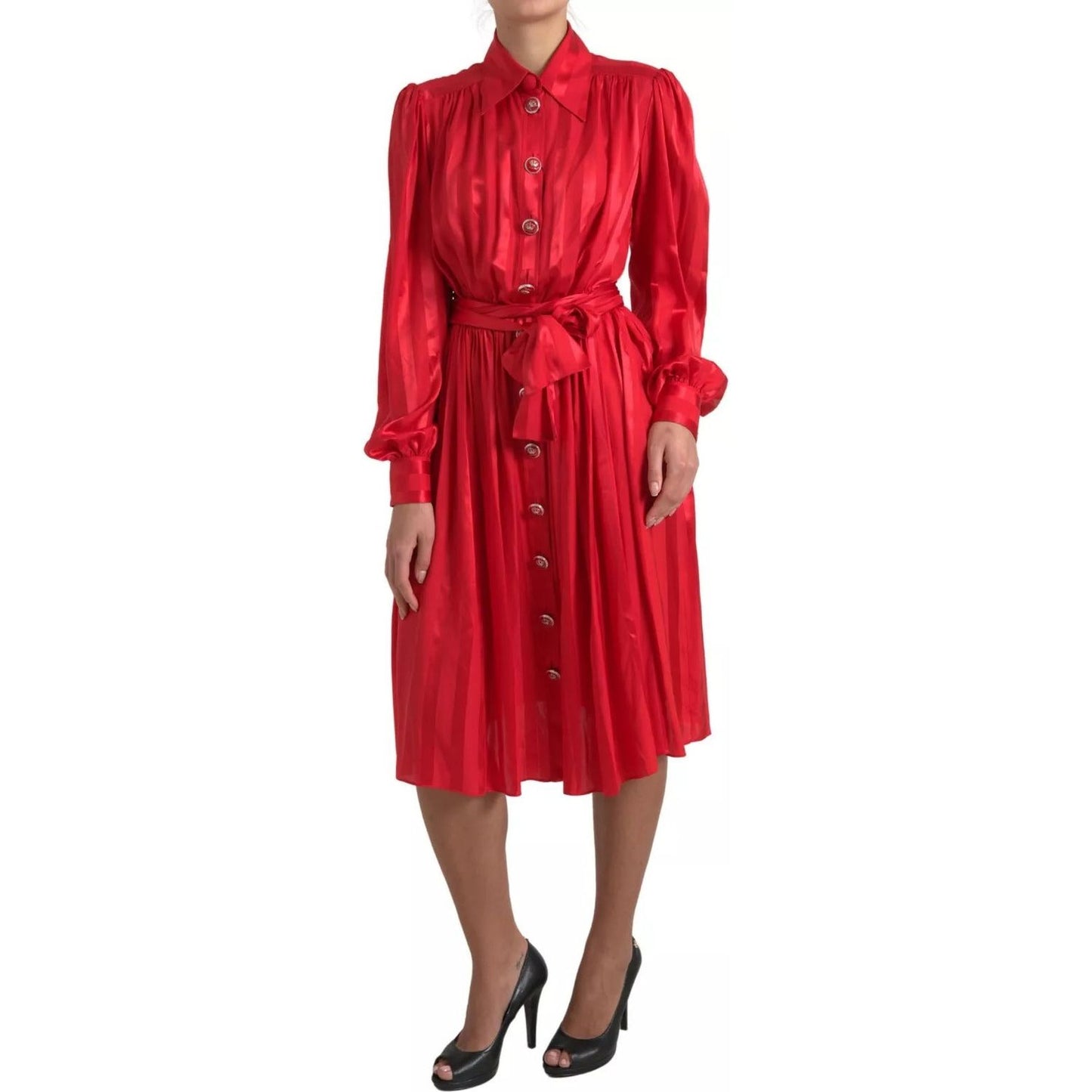 Dolce & Gabbana Elegant Red Silk Midi Dress with Button Detail Dolce & Gabbana