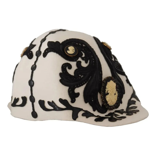 Dolce & Gabbana White Black Wool Embroidered Cameo Brooch Hat Dolce & Gabbana