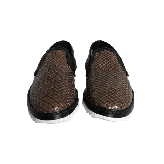 Dolce & Gabbana Brown Black Leather Weaved Men Loafers Shoes
