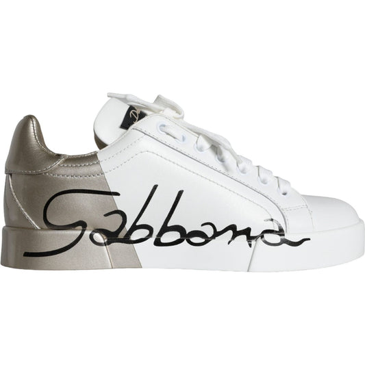 Dolce & Gabbana White Gold Portofino Low Top Leather Sneakers Shoes Dolce & Gabbana