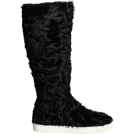 Dolce & Gabbana Black Xiangao Lamb Fur Leather Boots Shoes 1728,2% Leather,67345645728,Black,Boots - Shoes,Boots - Women - Shoes,Dolce & Gabbana,EU36/US5.5,Flat - Boots - Shoes,Material: 98% Xiangao Fur,Preowned / Defect,Shoes,Women