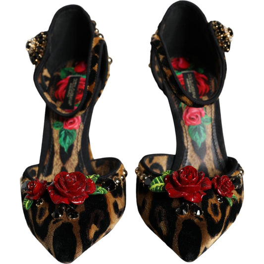 Dolce & Gabbana Brown Leopard Floral Crystal Ankle Strap Pumps Shoes Dolce & Gabbana