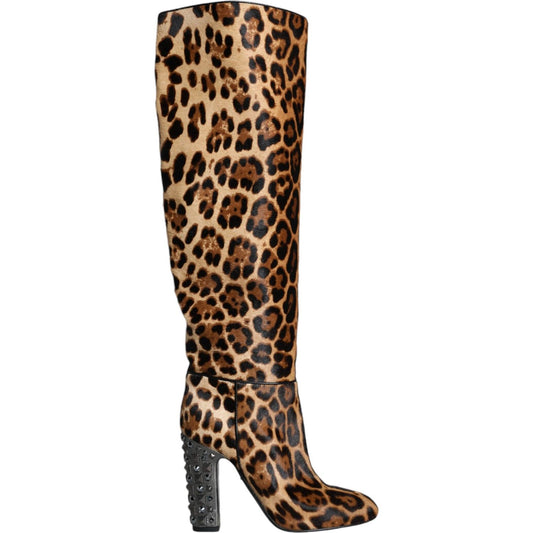 Dolce & Gabbana Beige Black Leopard Knee High Boots Shoes Dolce & Gabbana