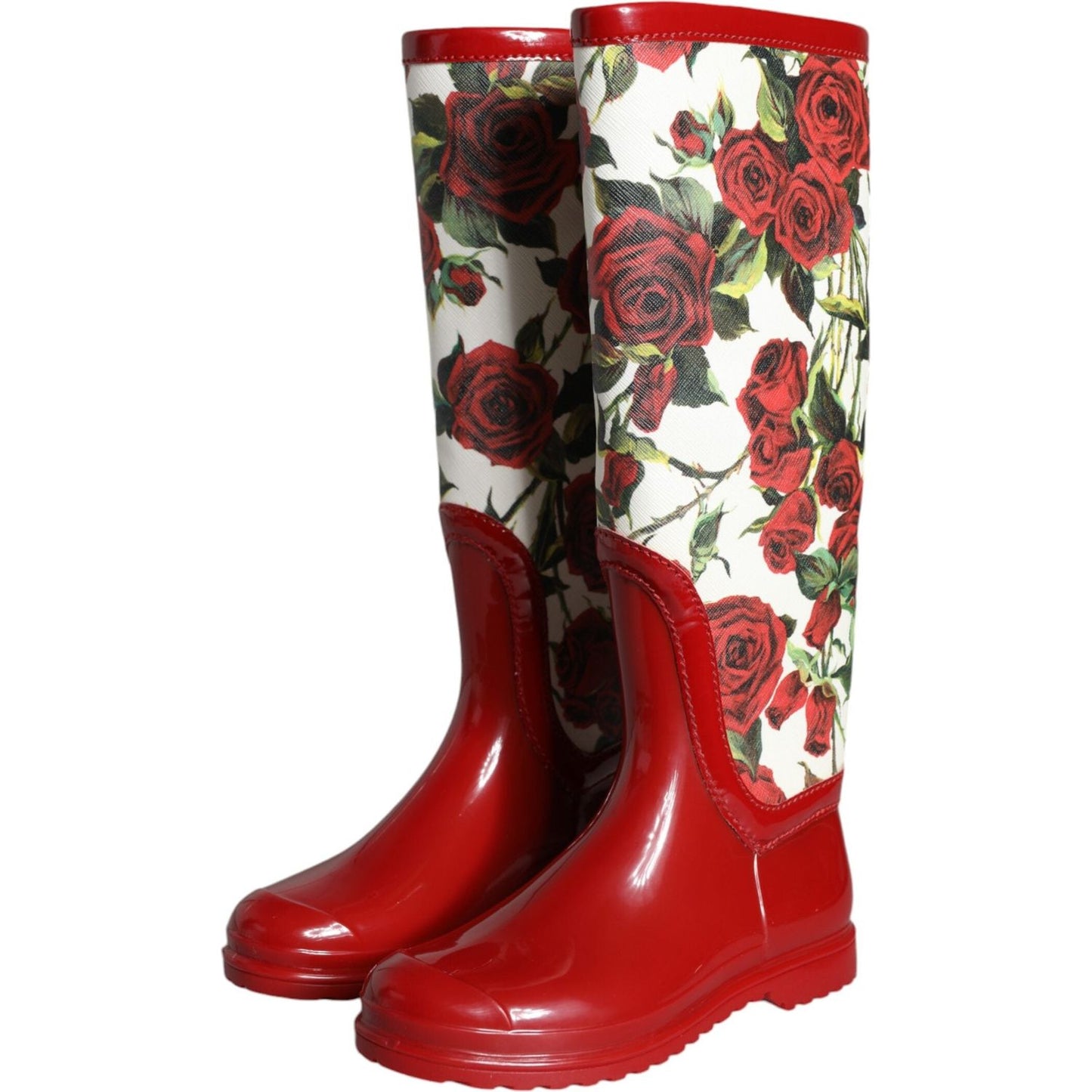 Dolce & Gabbana Red Floral Rubber Knee High Flat Boots Shoes Dolce & Gabbana