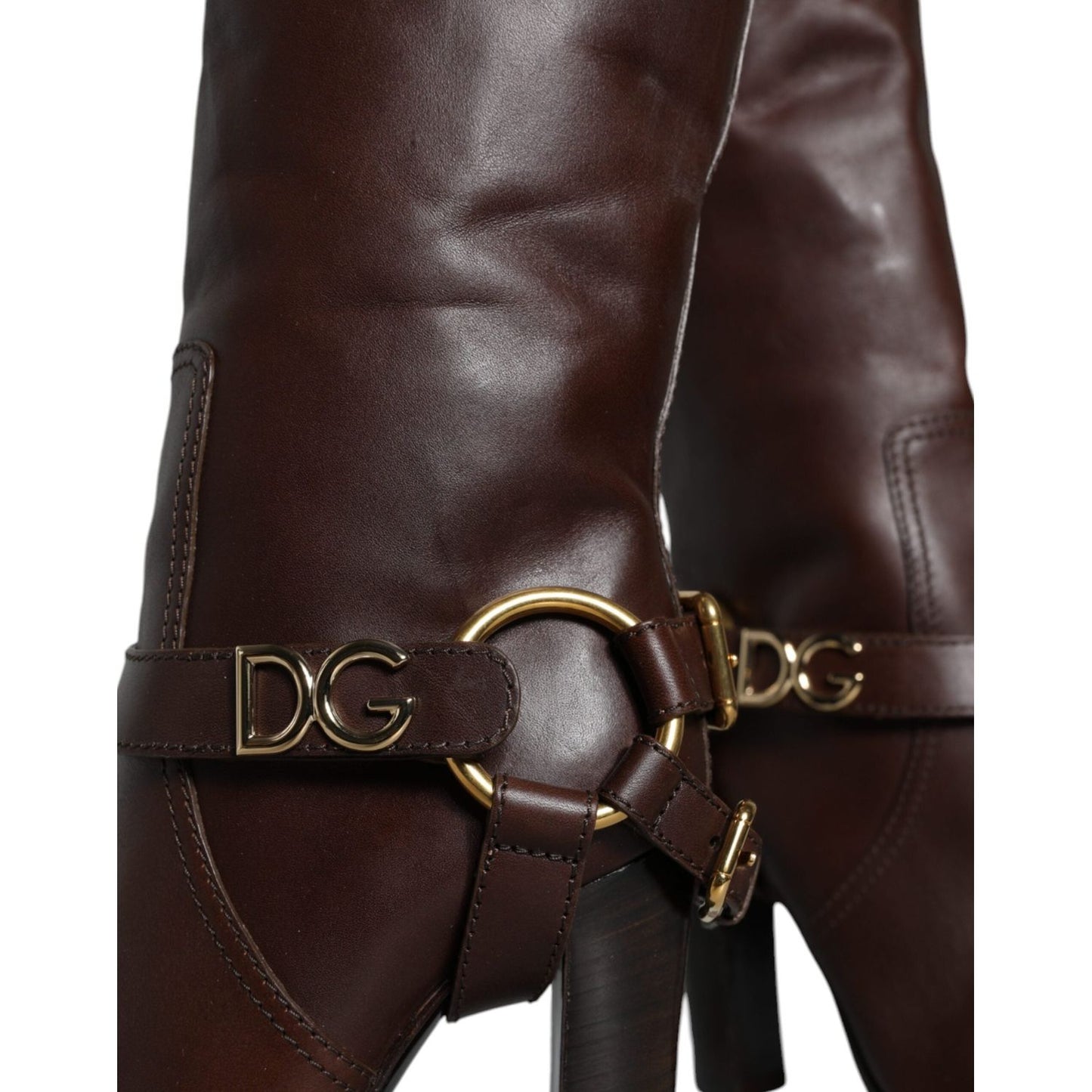 Dolce & Gabbana Brown Leather Gold Tone Logo High Boots Shoes Dolce & Gabbana