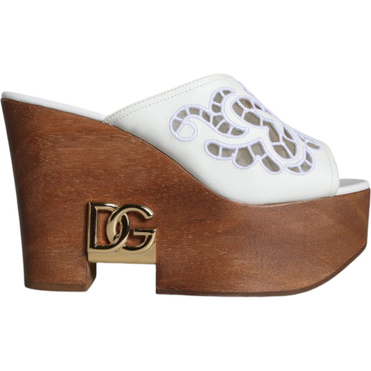 Dolce & Gabbana White Leather Wood Mules Wedge Slides Shoes Dolce & Gabbana