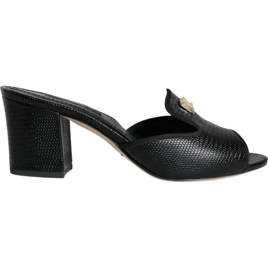 Dolce & Gabbana Black Logo Plaque Leather Heels Sandals Shoes Dolce & Gabbana