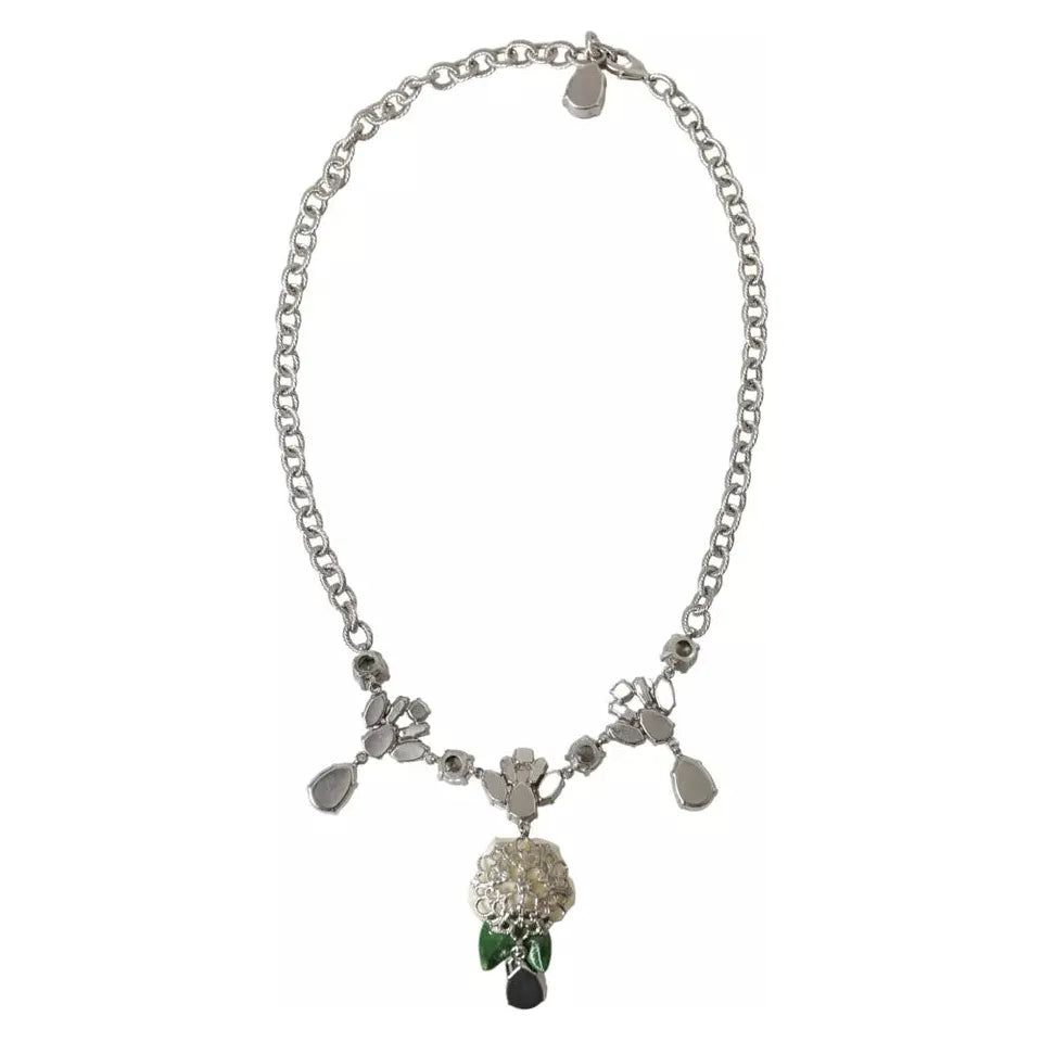 Dolce & Gabbana Silver Brass Clear Crystal Roses Pendants Necklace Dolce & Gabbana